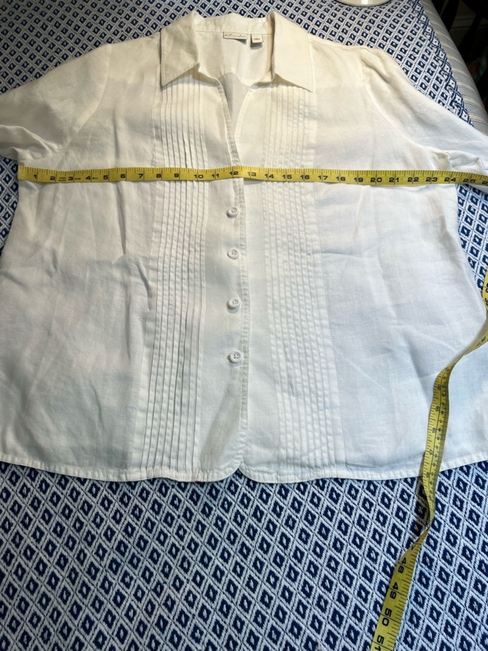 White Pintuck Button-Up Shirt Linen Dressy Office Church 3/4 Sleeves 1X - Picture 6 of 6